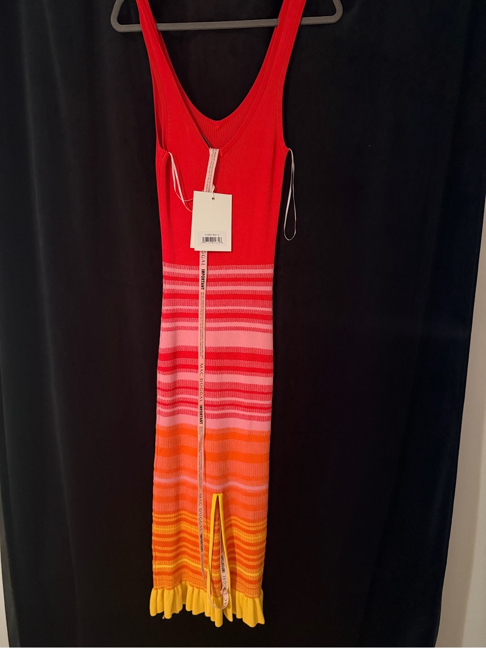 Mac Duggal Red Ombre Knit Maxi Dress with Pink and Yellow Stripes